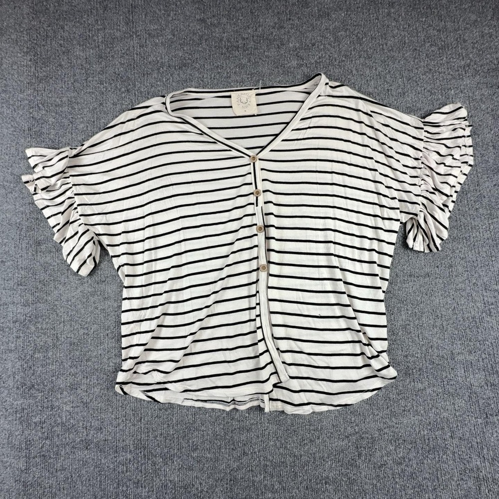 Fantastic Fawn Shirt Womens Medium White Striped Button Front Flutter Sleeve Top